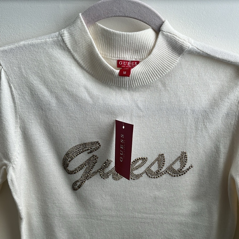 NWT, Jr. M, Guess, Puff Long Sleeve, Mock Turtleneck, Rhinestone Branded Sweater - Picture 2 of 4